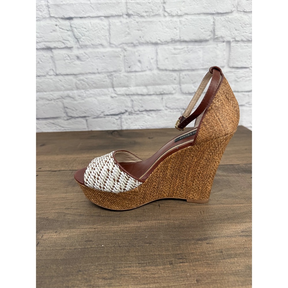 White House Black Market Raffia Wedge Heels Womens 7.5 Brown White Sandals Boho - Picture 11 of 13